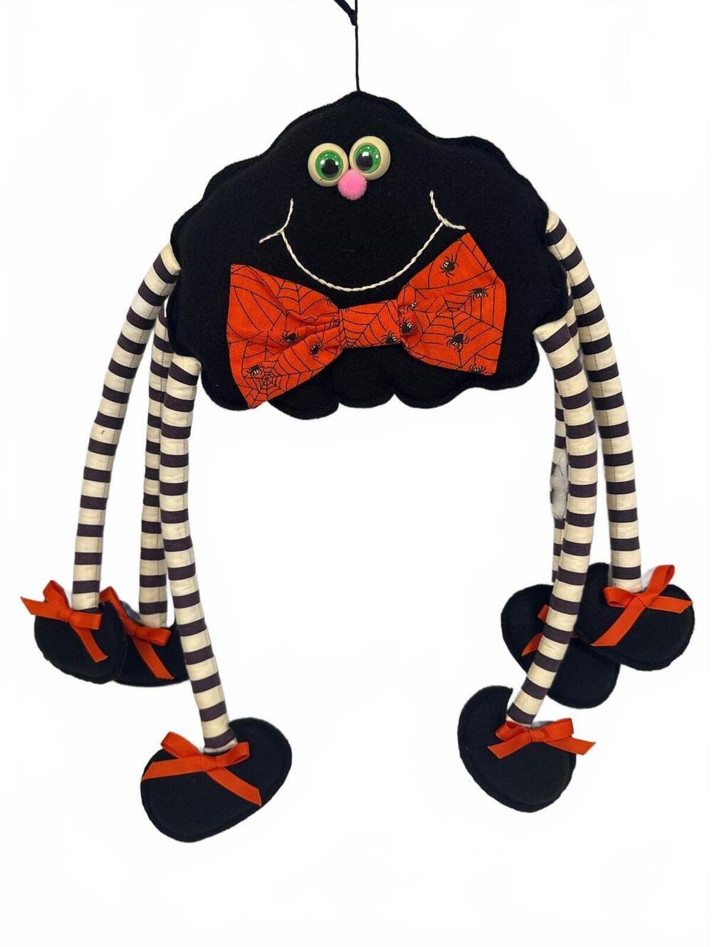 Handmade Halloween Hanging Spider Decoration with Striped Legs and Bow